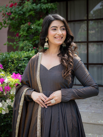 Charcoal Grey Anarkali Gown with Silver Floral Embroidered Border & Dupatta