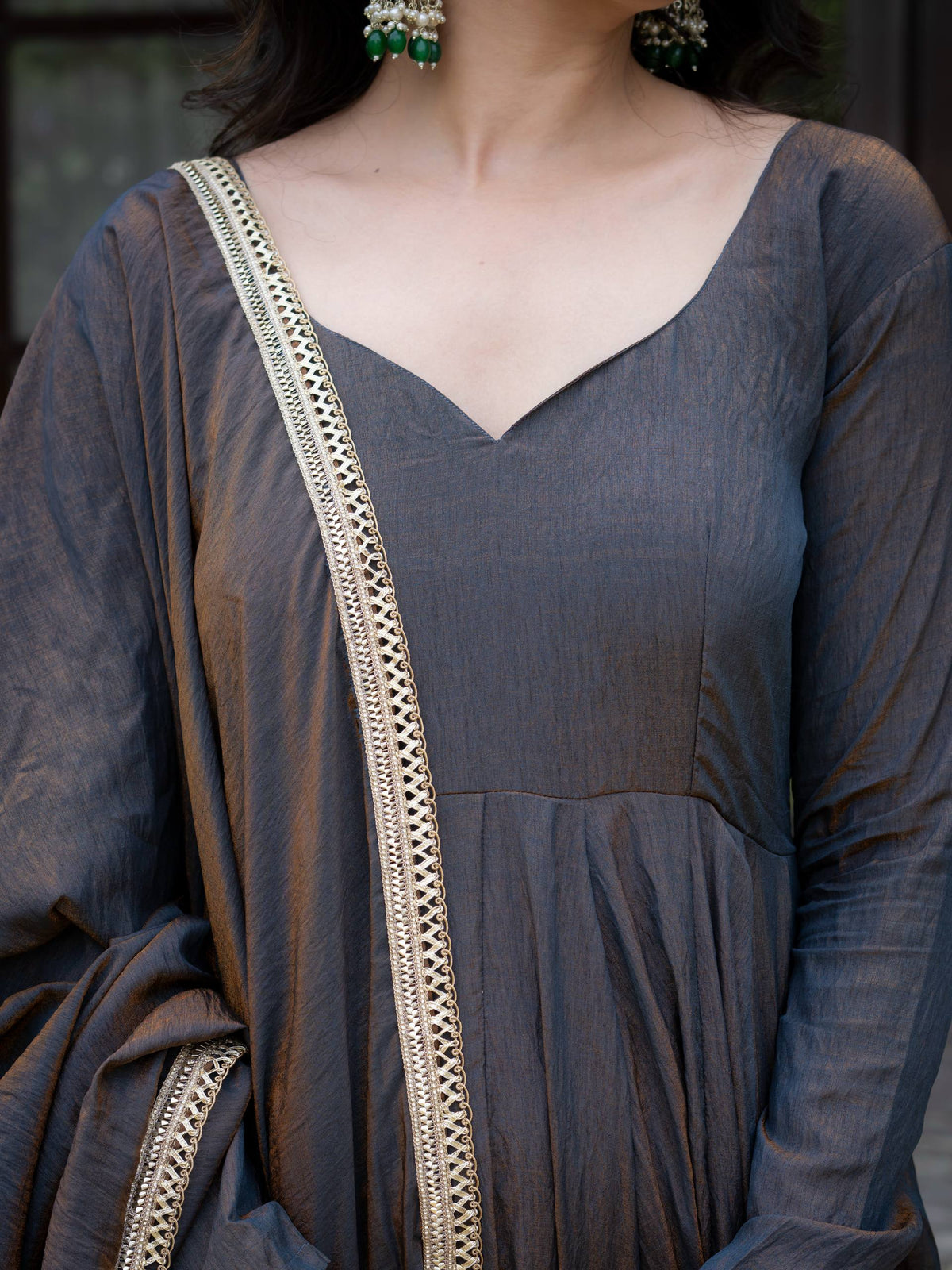 Charcoal Grey Anarkali Gown with Silver Floral Embroidered Border & Dupatta