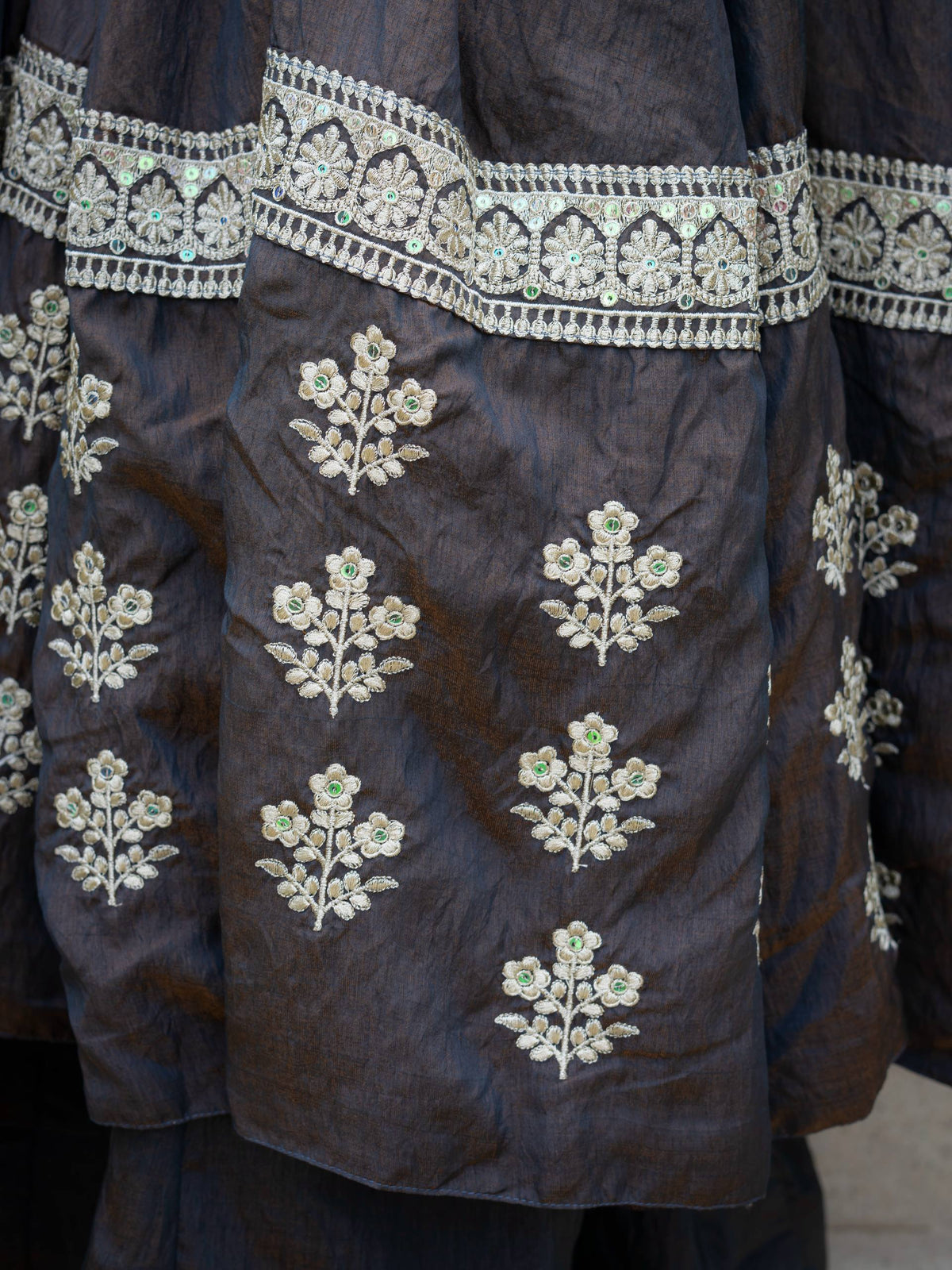 Charcoal Grey Anarkali Gown with Silver Floral Embroidered Border & Dupatta