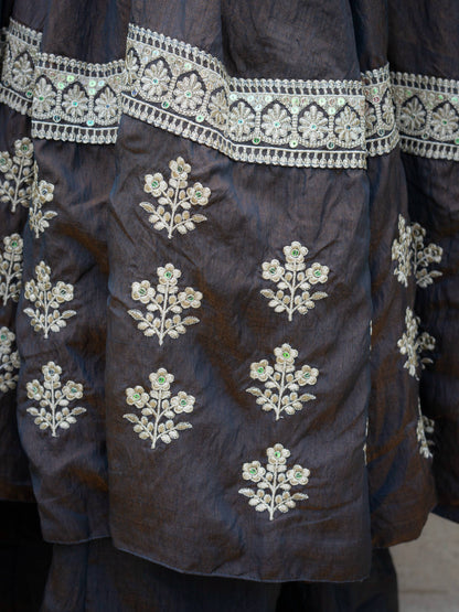 Charcoal Grey Anarkali Gown with Silver Floral Embroidered Border & Dupatta