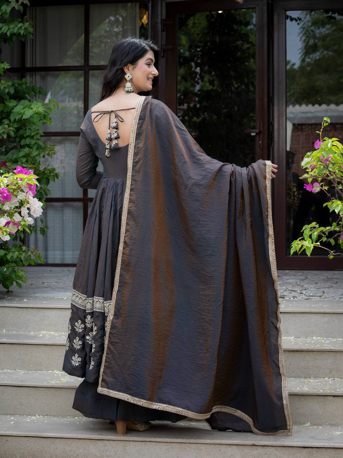 Charcoal Grey Anarkali Gown with Silver Floral Embroidered Border & Dupatta