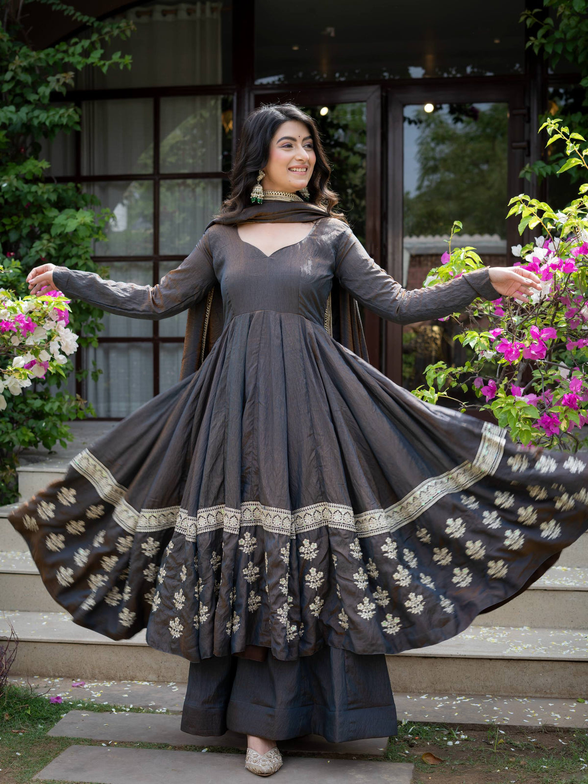 Charcoal Grey Anarkali Gown with Silver Floral Embroidered Border & Dupatta