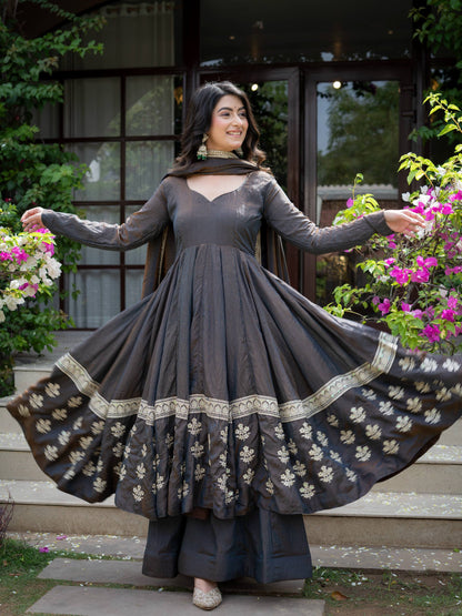 Charcoal Grey Anarkali Gown with Silver Floral Embroidered Border & Dupatta