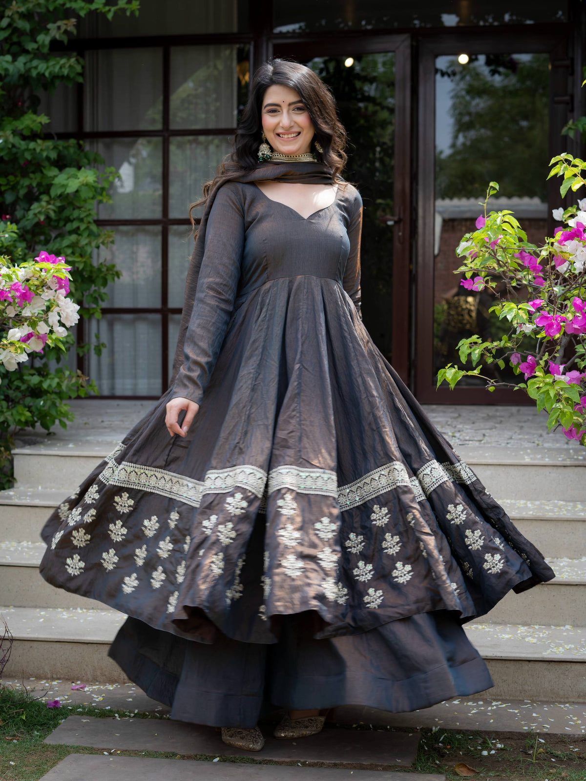 Charcoal Grey Anarkali Gown with Silver Floral Embroidered Border & Dupatta