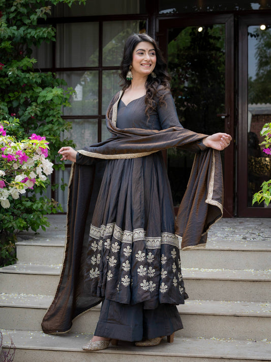 Charcoal Grey Anarkali Gown with Silver Floral Embroidered Border & Dupatta