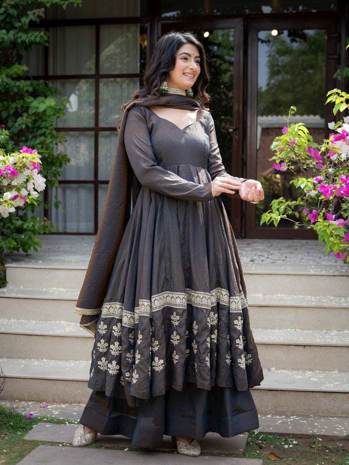 Charcoal Grey Anarkali Gown with Silver Floral Embroidered Border & Dupatta