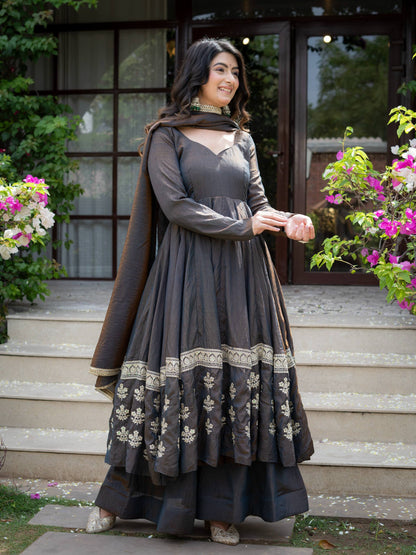 Charcoal Grey Anarkali Gown with Silver Floral Embroidered Border & Dupatta