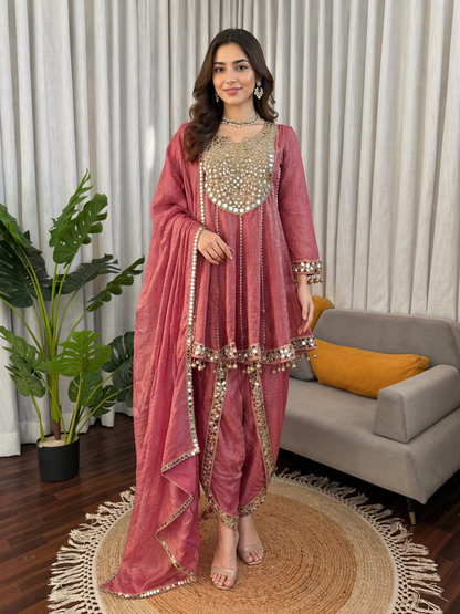 Dusty Rose Gold Crush Dhoti Suit Set with Mirror Work Dupatta