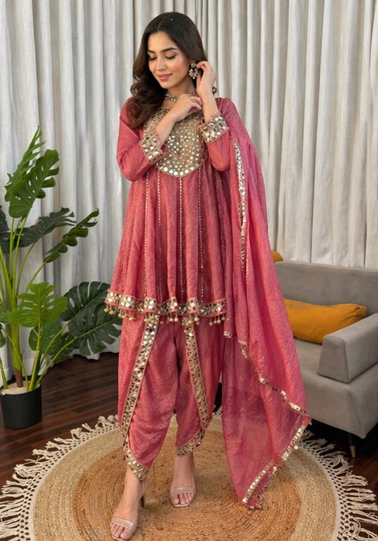 Dusty Rose Gold Crush Dhoti Suit Set with Mirror Work Dupatta