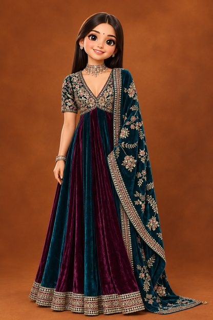 Rashmika Mandana Inspired Teal Blue & Burgundy Velvet Anarkali Gown with Heavy Embroidered Dupatta