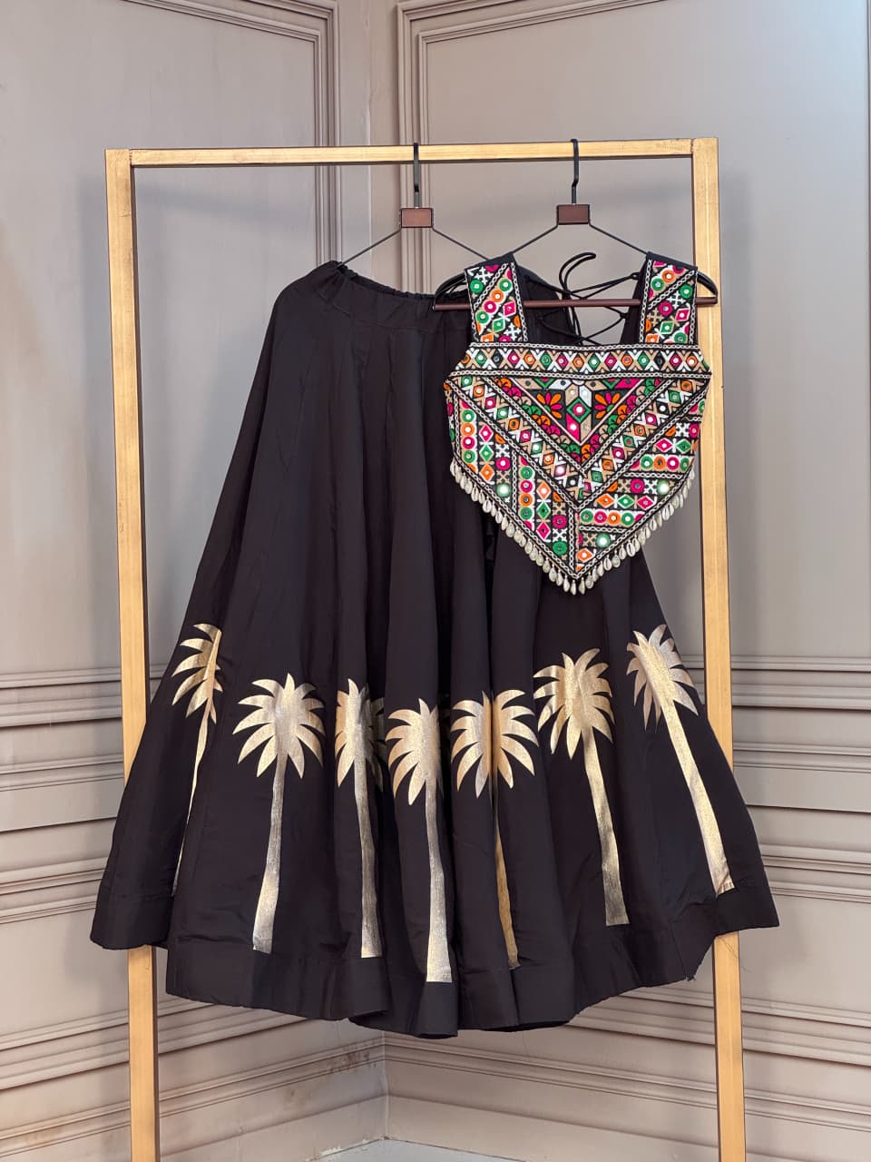 Coconut Gota Work Lehenga with Kutchi Gamthi Embroidered Blouse