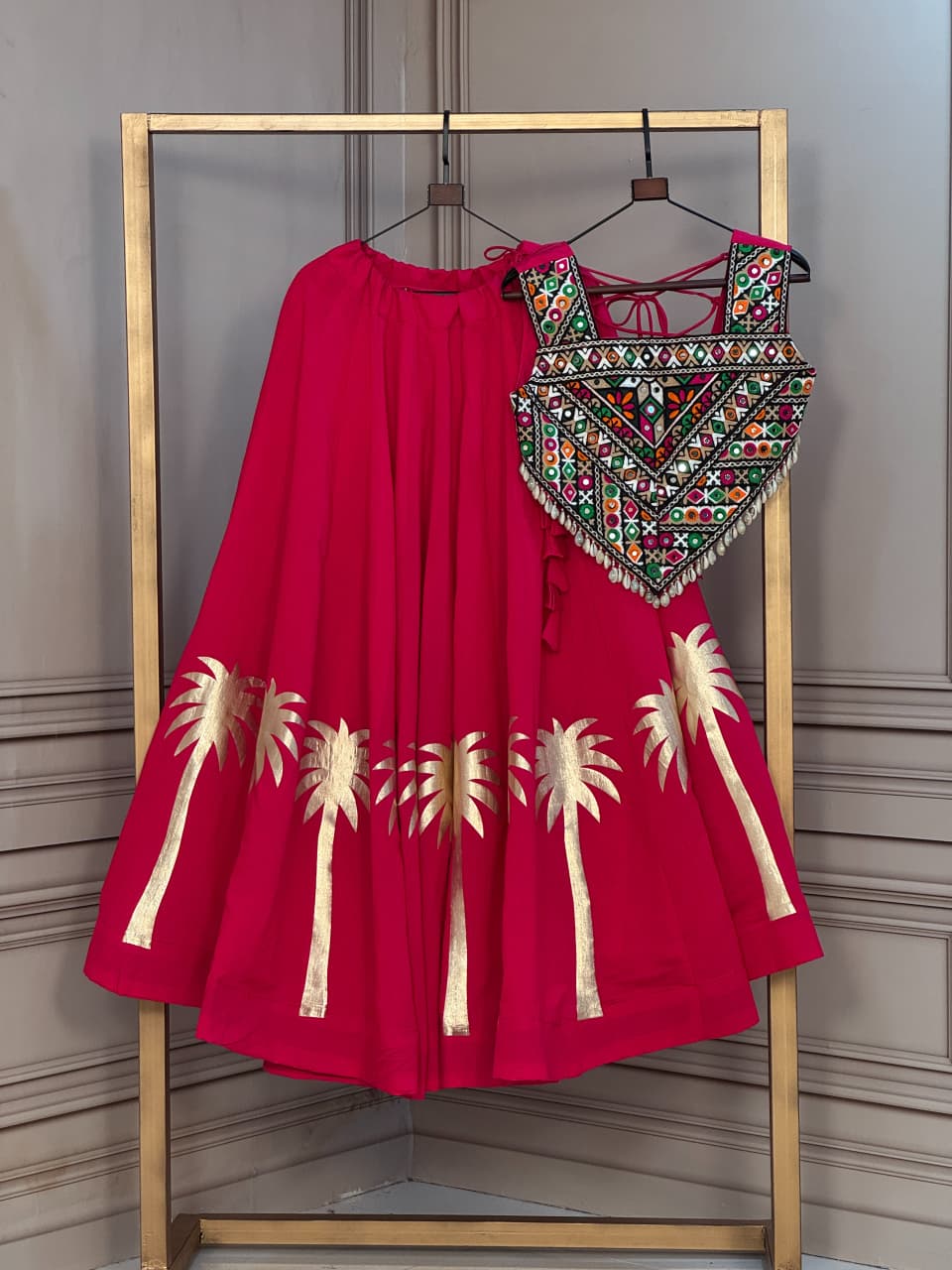 Coconut Gota Work Lehenga with Kutchi Gamthi Embroidered Blouse