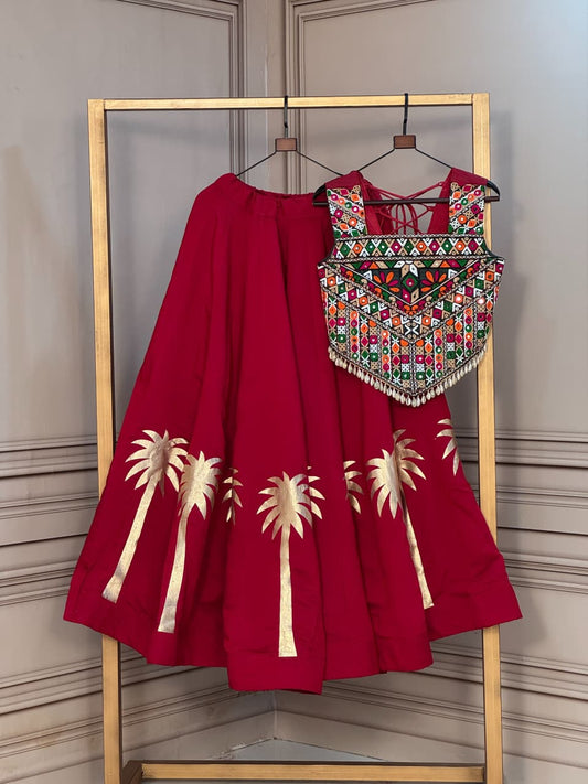 Coconut Gota Work Lehenga with Kutchi Gamthi Embroidered Blouse