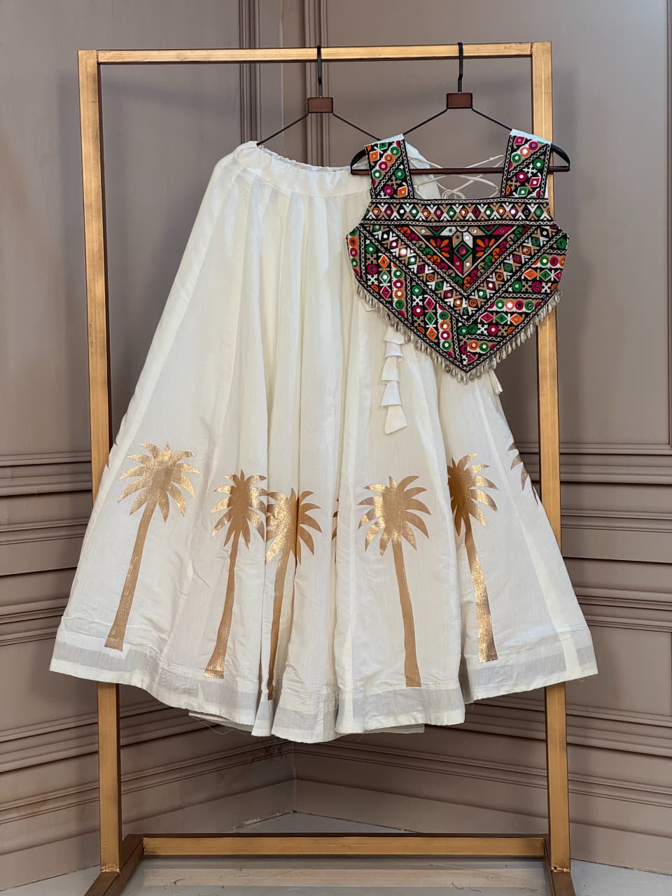 Coconut Gota Work Lehenga with Kutchi Gamthi Embroidered Blouse