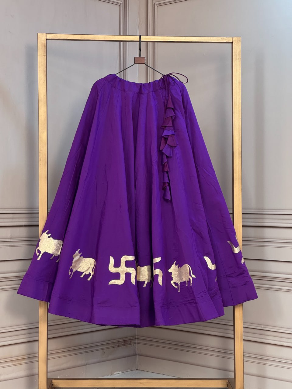 Roman Silk Cow & Swastik Gota Work Lehenga