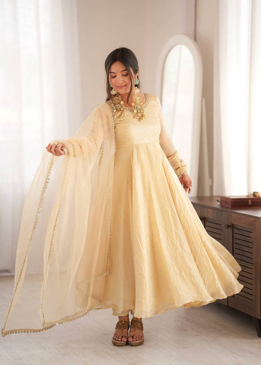 Cream Flared Anarkali Gown with Real Mirror Work Lace Border