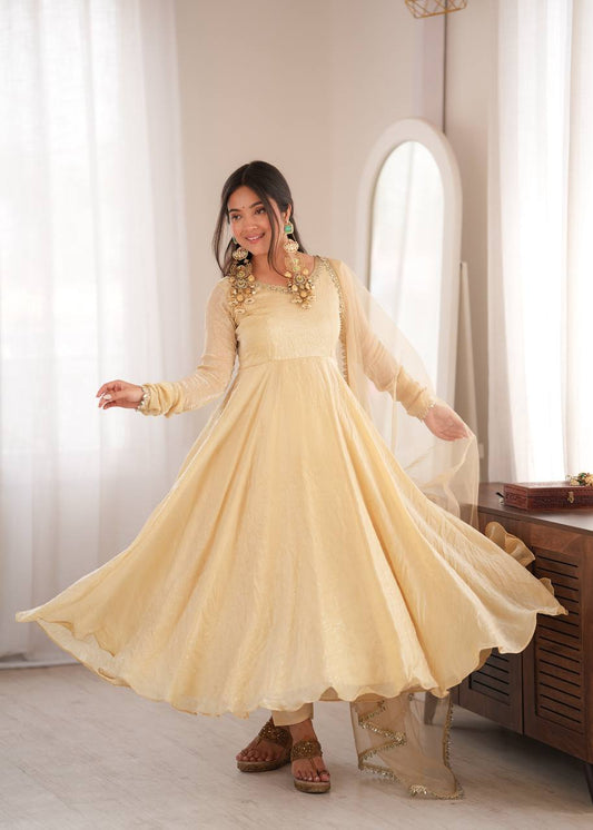Cream Flared Anarkali Gown with Real Mirror Work Lace Border