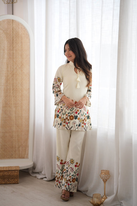 Cream Floral Printed Cotton Co-Ord Set