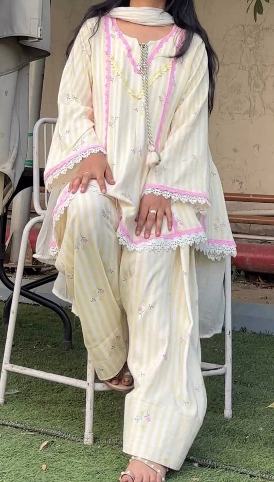 Cream Pure Natural Crepe Farshi Pant Suit Set with Nazmin Dupatta