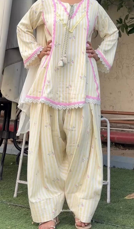 Cream Pure Natural Crepe Farshi Pant Suit Set with Nazmin Dupatta