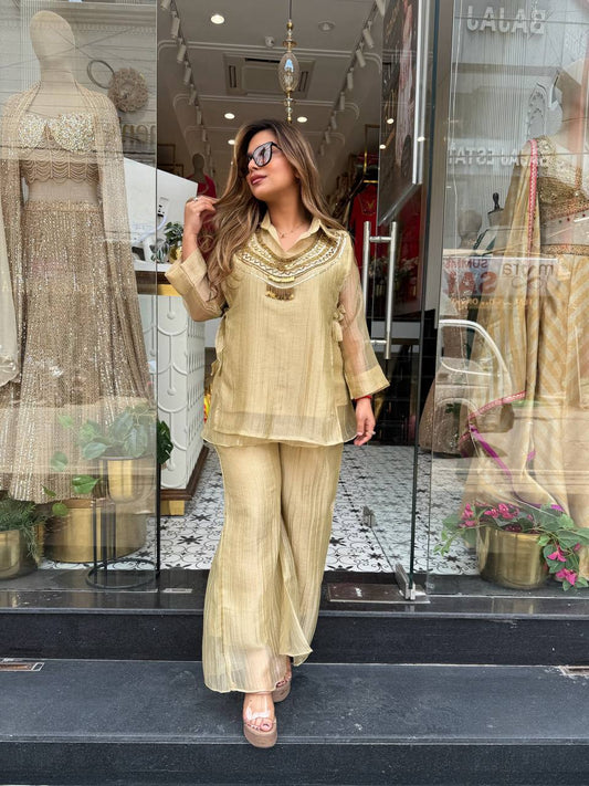 Beige Crushed Silk Shirt Pant Set with Handworked Designer Shrug