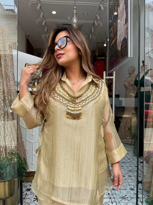 Beige Crushed Silk Shirt Pant Set with Handworked Designer Shrug
