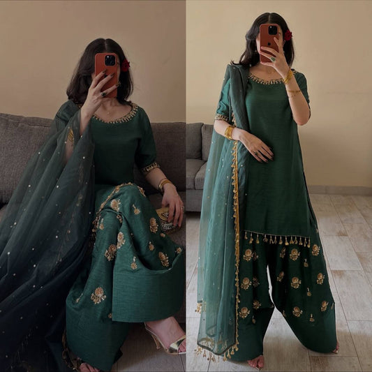 Dark Green Slab Silk Farshi Salwar Suit with Rangoli Silk Dupatta