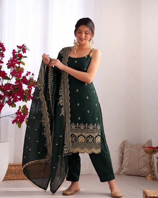Bottle Green Embroidered Kurta Pant Set for Women with Dupatta