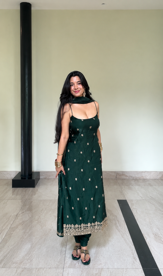 Bottle Green Embroidered Kurta Pant Set for Women with Dupatta