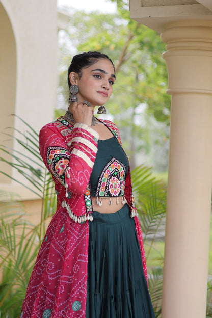 Dark Green Lehenga Choli with Red Bandhani Gamthi Patchwork Shrug