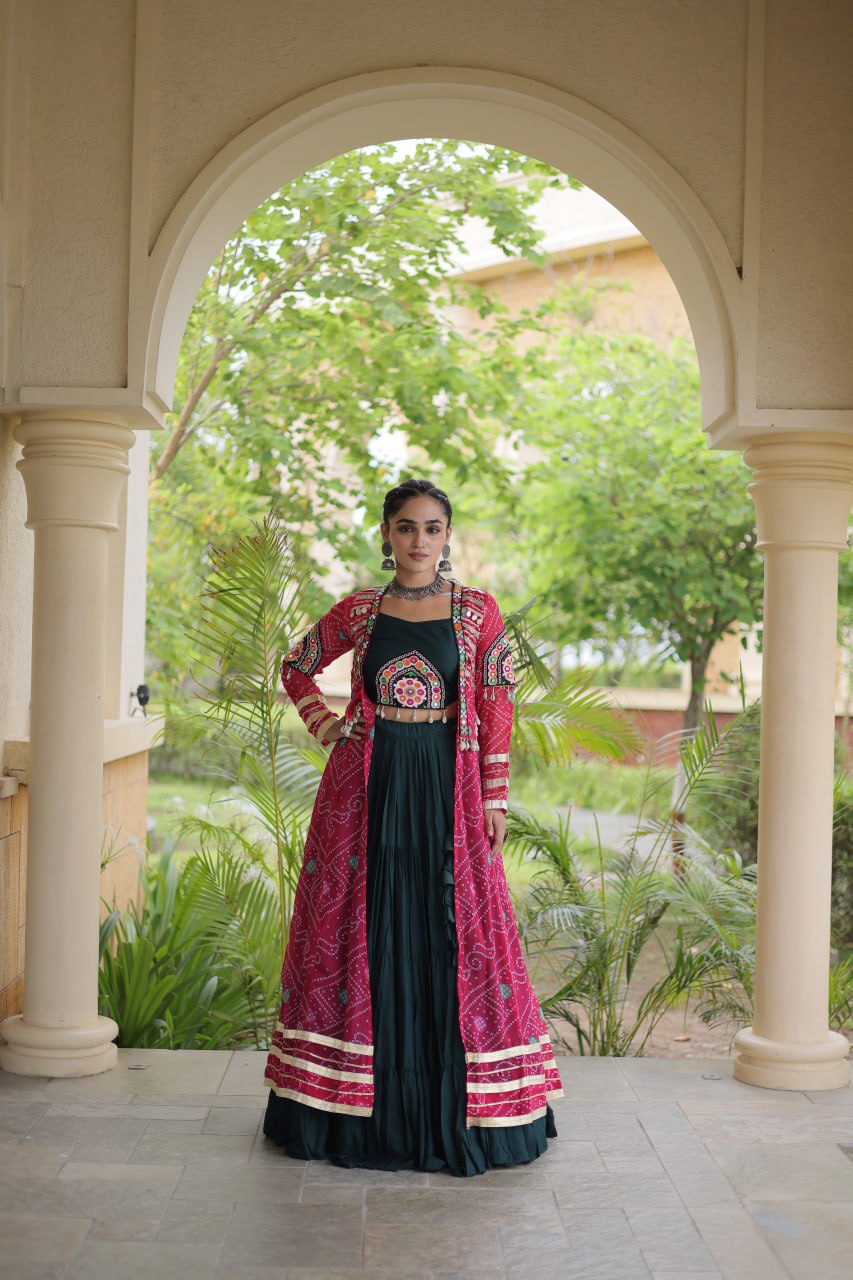 Dark Green Lehenga Choli with Red Bandhani Gamthi Patchwork Shrug
