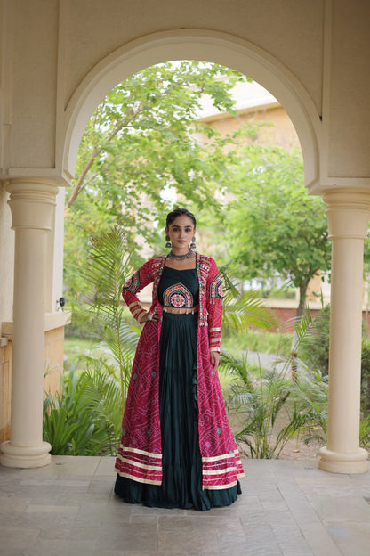 Dark Green Lehenga Choli with Red Bandhani Gamthi Patchwork Shrug