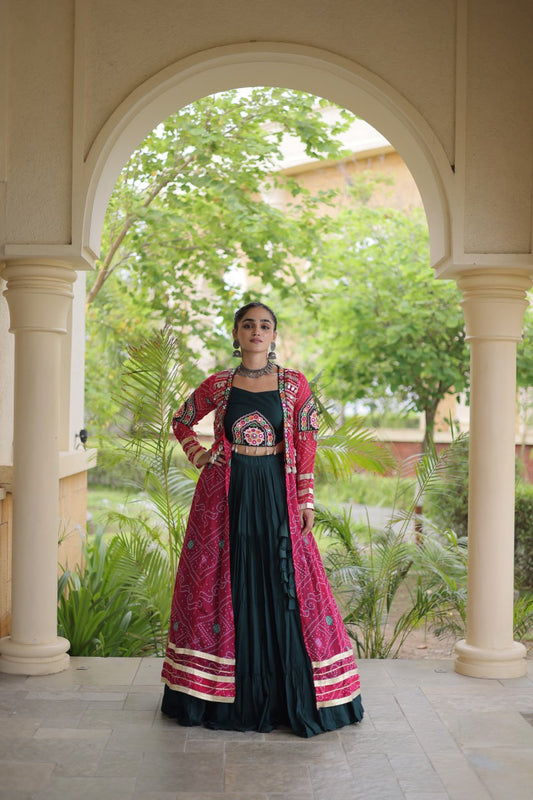 Dark Green Lehenga Choli with Red Bandhani Gamthi Patchwork Shrug