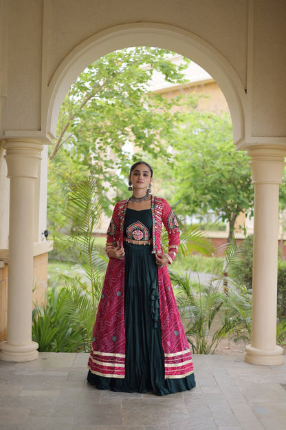 Red Lehenga Choli with Green Bandhani Gamthi Patchwork Shrug