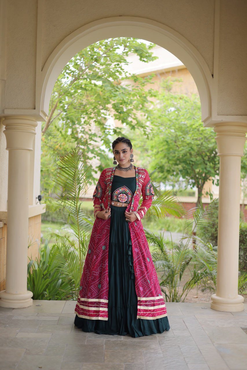 Dark Green Lehenga Choli with Red Bandhani Gamthi Patchwork Shrug