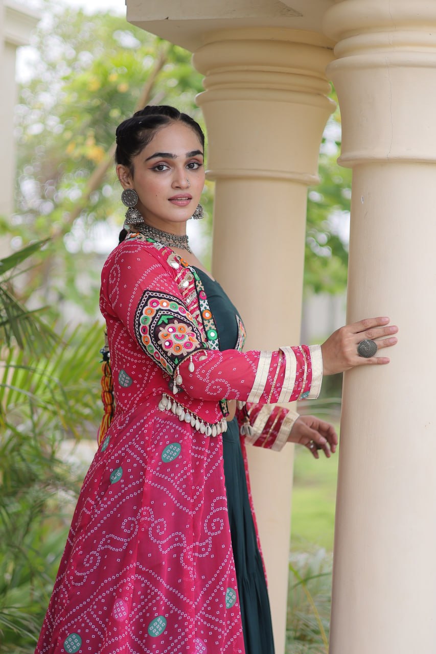 Dark Green Lehenga Choli with Red Bandhani Gamthi Patchwork Shrug