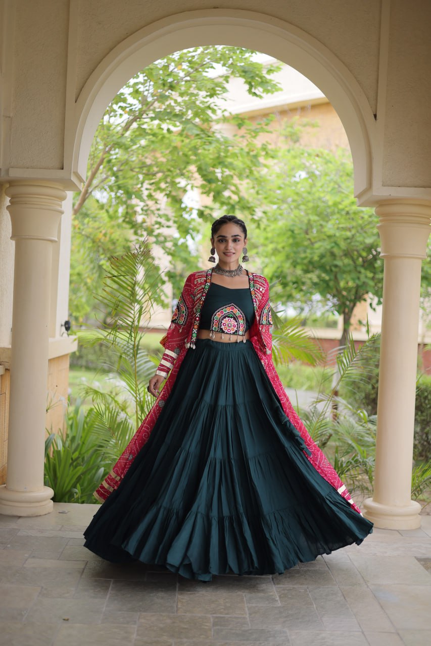 Dark Green Lehenga Choli with Red Bandhani Gamthi Patchwork Shrug