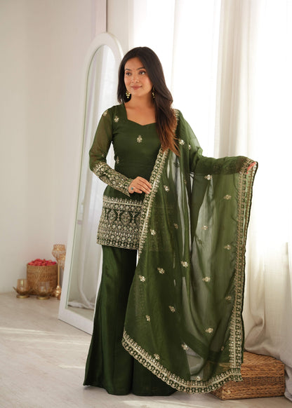 Dark Olive Green Crunchy Silk Bell Bottom Suit with Embroidery Sequence & Zari Work