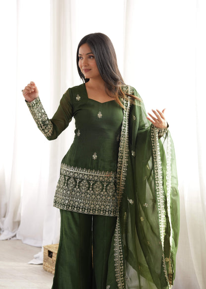 Dark Olive Green Crunchy Silk Bell Bottom Suit with Embroidery Sequence & Zari Work