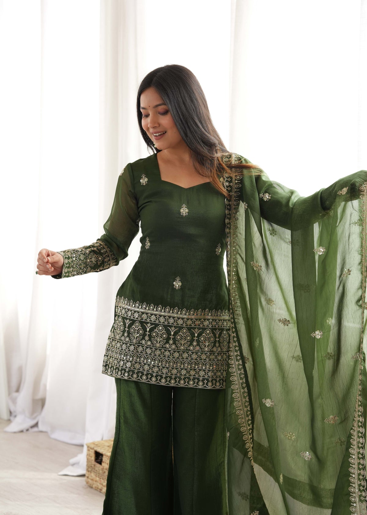 Dark Olive Green Crunchy Silk Bell Bottom Suit with Embroidery Sequence & Zari Work