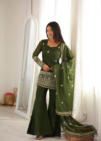 Dark Olive Green Crunchy Silk Bell Bottom Suit with Embroidery Sequence & Zari Work