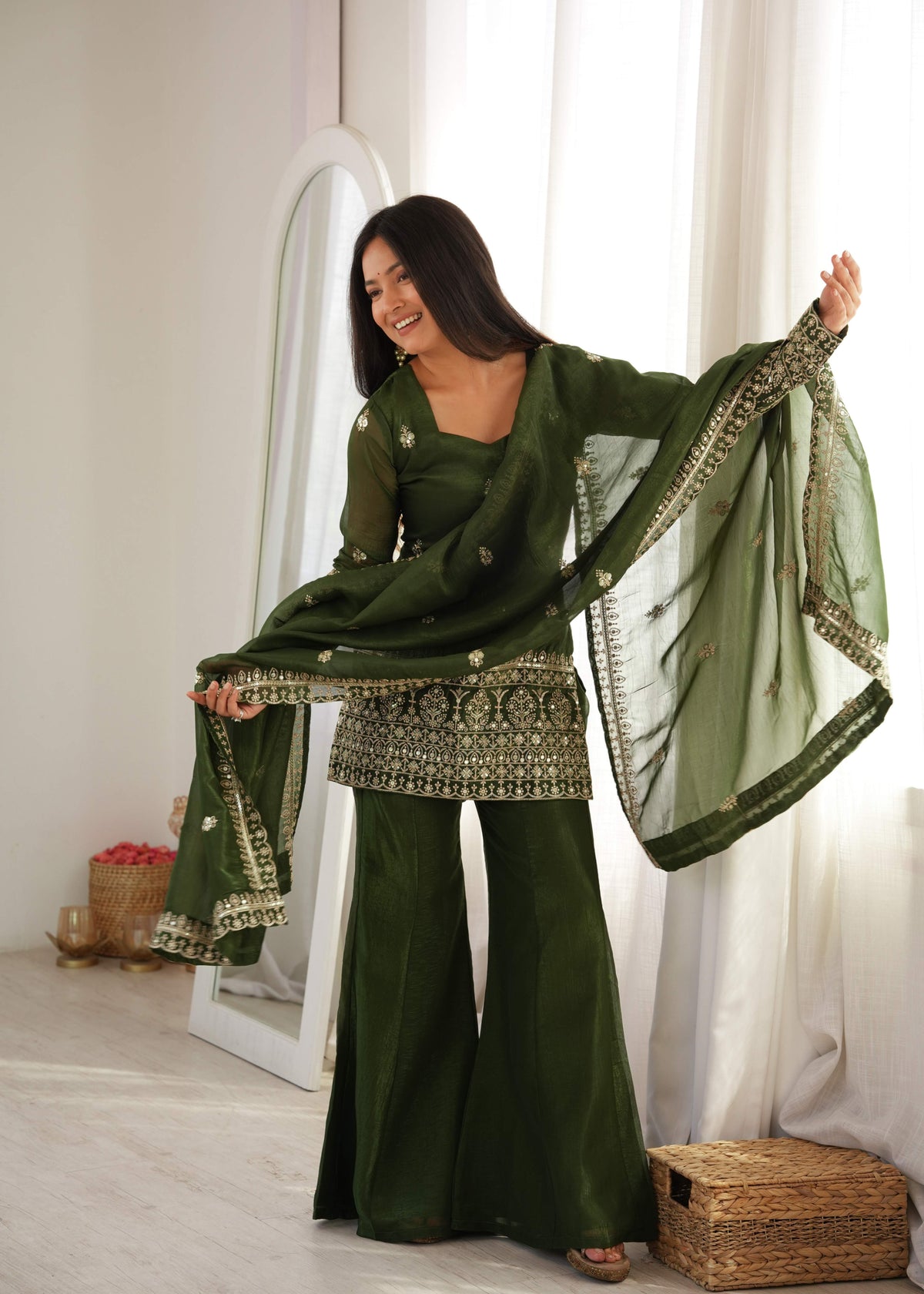 Dark Olive Green Crunchy Silk Bell Bottom Suit with Embroidery Sequence & Zari Work