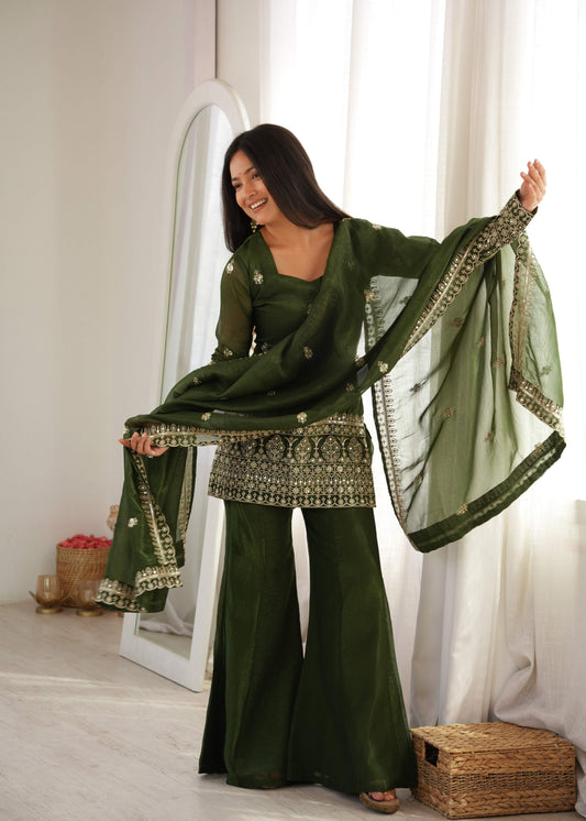 Dark Olive Green Crunchy Silk Bell Bottom Suit with Embroidery Sequence & Zari Work