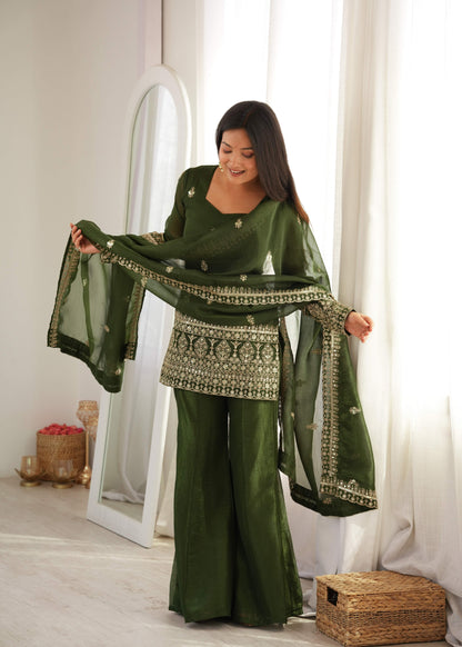 Dark Olive Green Crunchy Silk Bell Bottom Suit with Embroidery Sequence & Zari Work