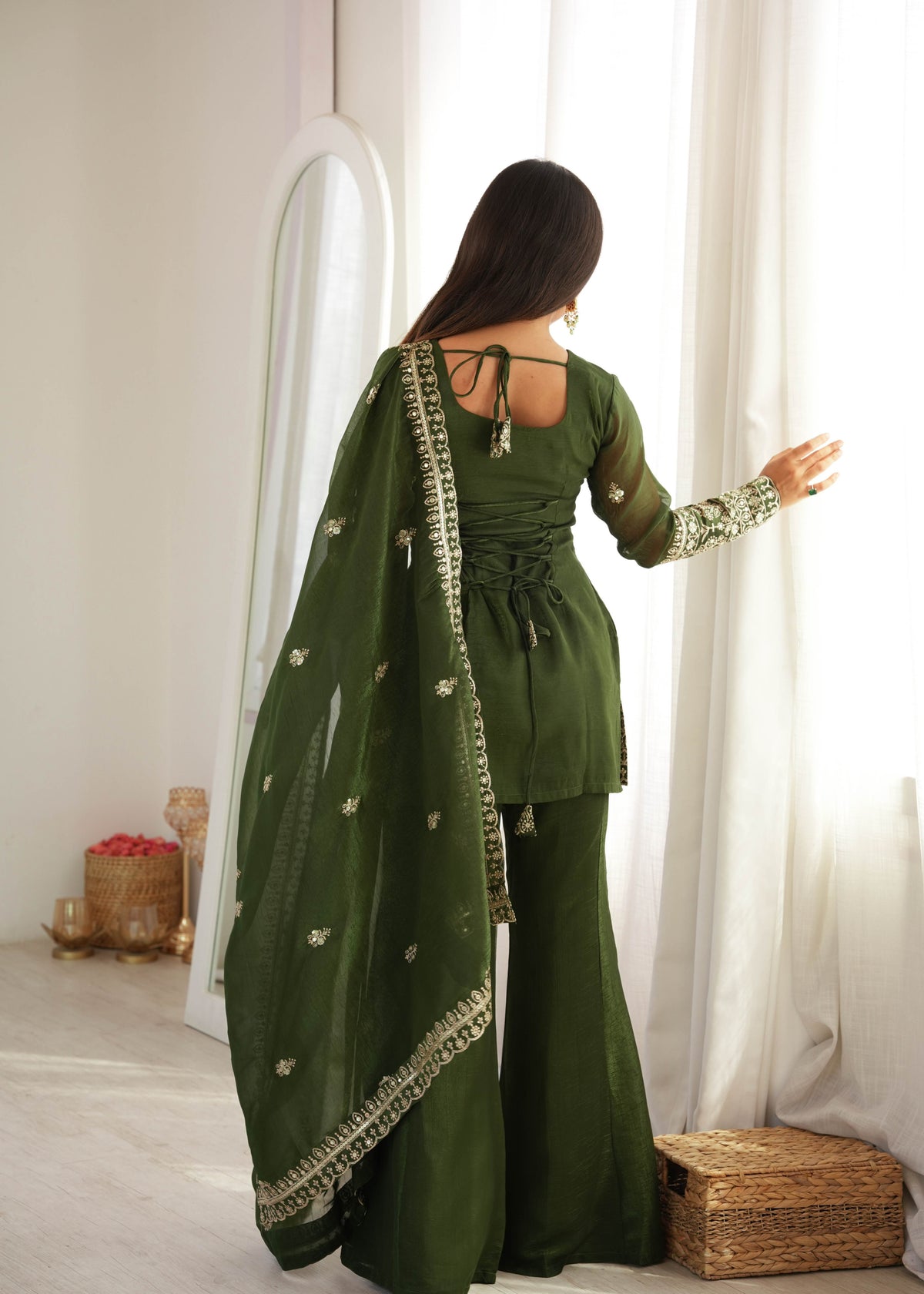 Dark Olive Green Crunchy Silk Bell Bottom Suit with Embroidery Sequence & Zari Work