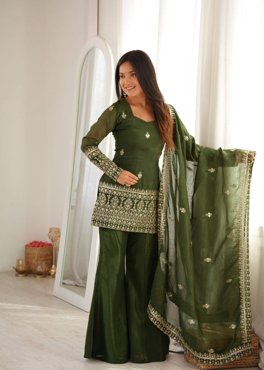 Dark Olive Green Crunchy Silk Bell Bottom Suit with Embroidery Sequence & Zari Work
