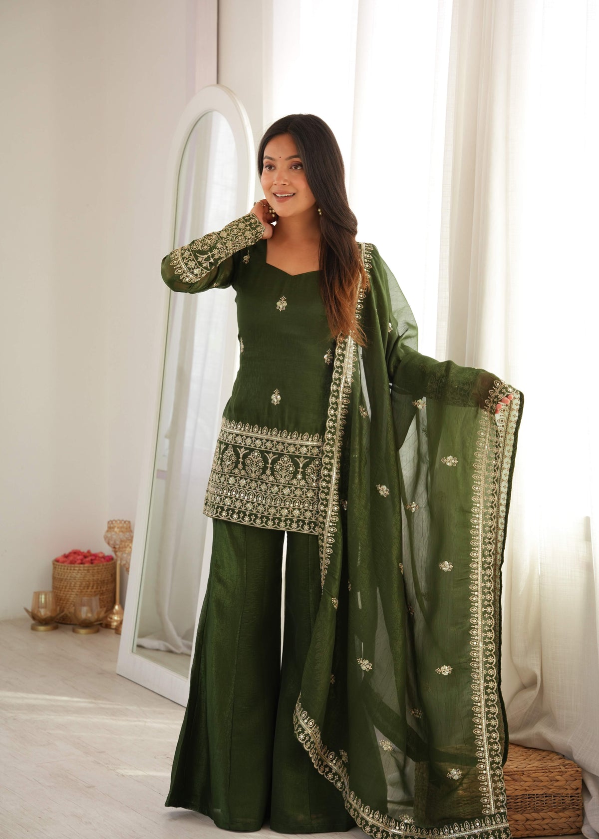 Dark Olive Green Crunchy Silk Bell Bottom Suit with Embroidery Sequence & Zari Work