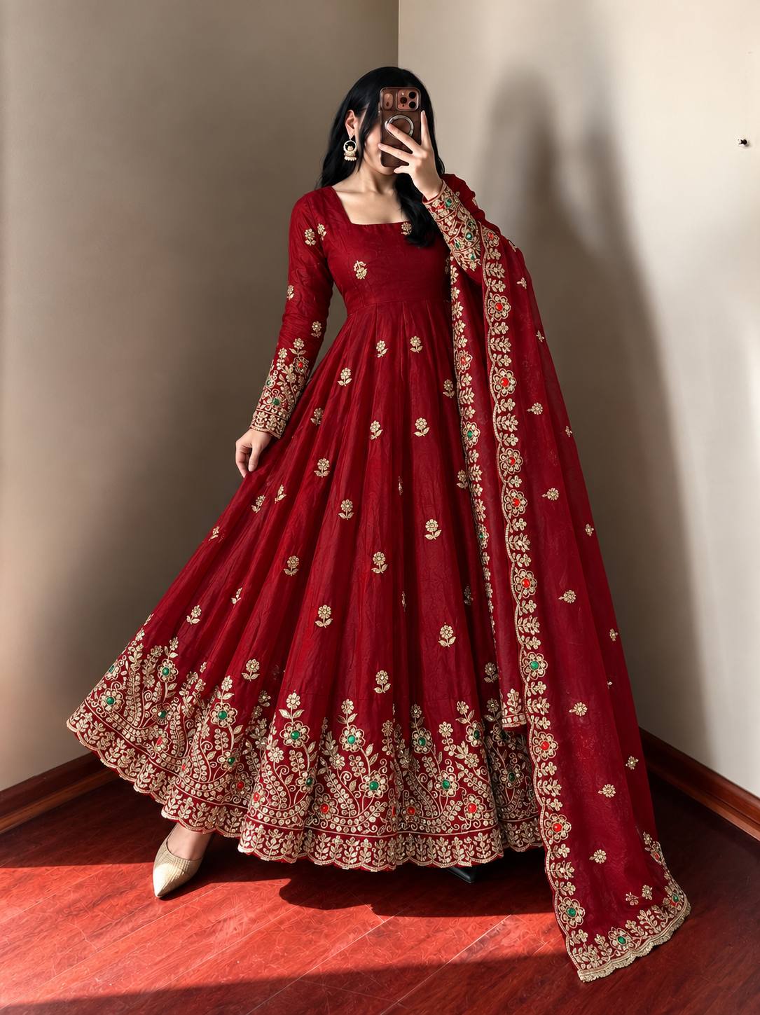 Deep Red Anarkali Gown with Heavy Embroidered Border & Matching Dupatta