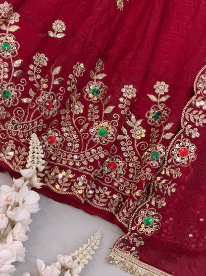 Deep Red Anarkali Gown with Heavy Embroidered Border & Matching Dupatta