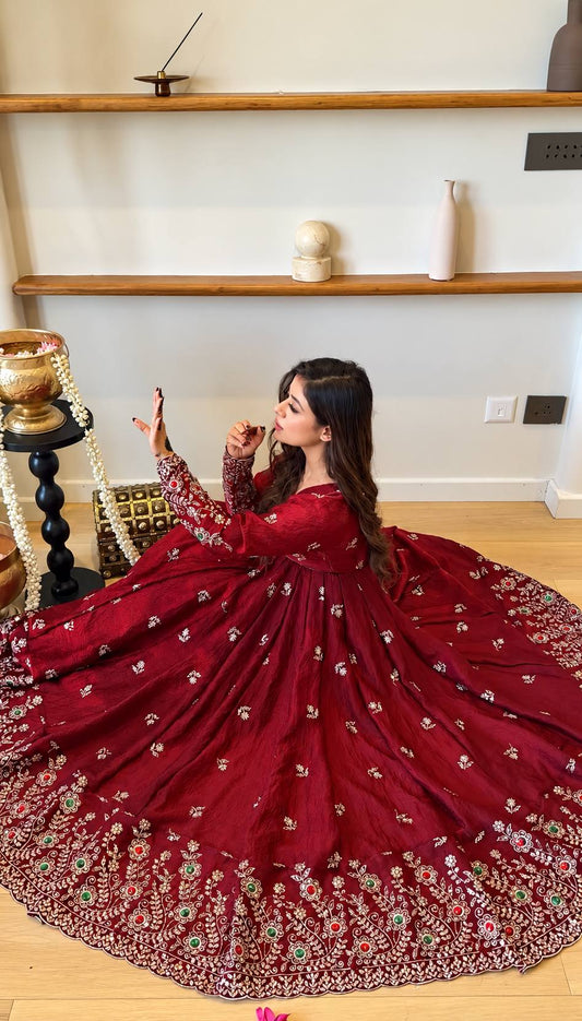 Deep Red Anarkali Gown with Heavy Embroidered Border & Matching Dupatta
